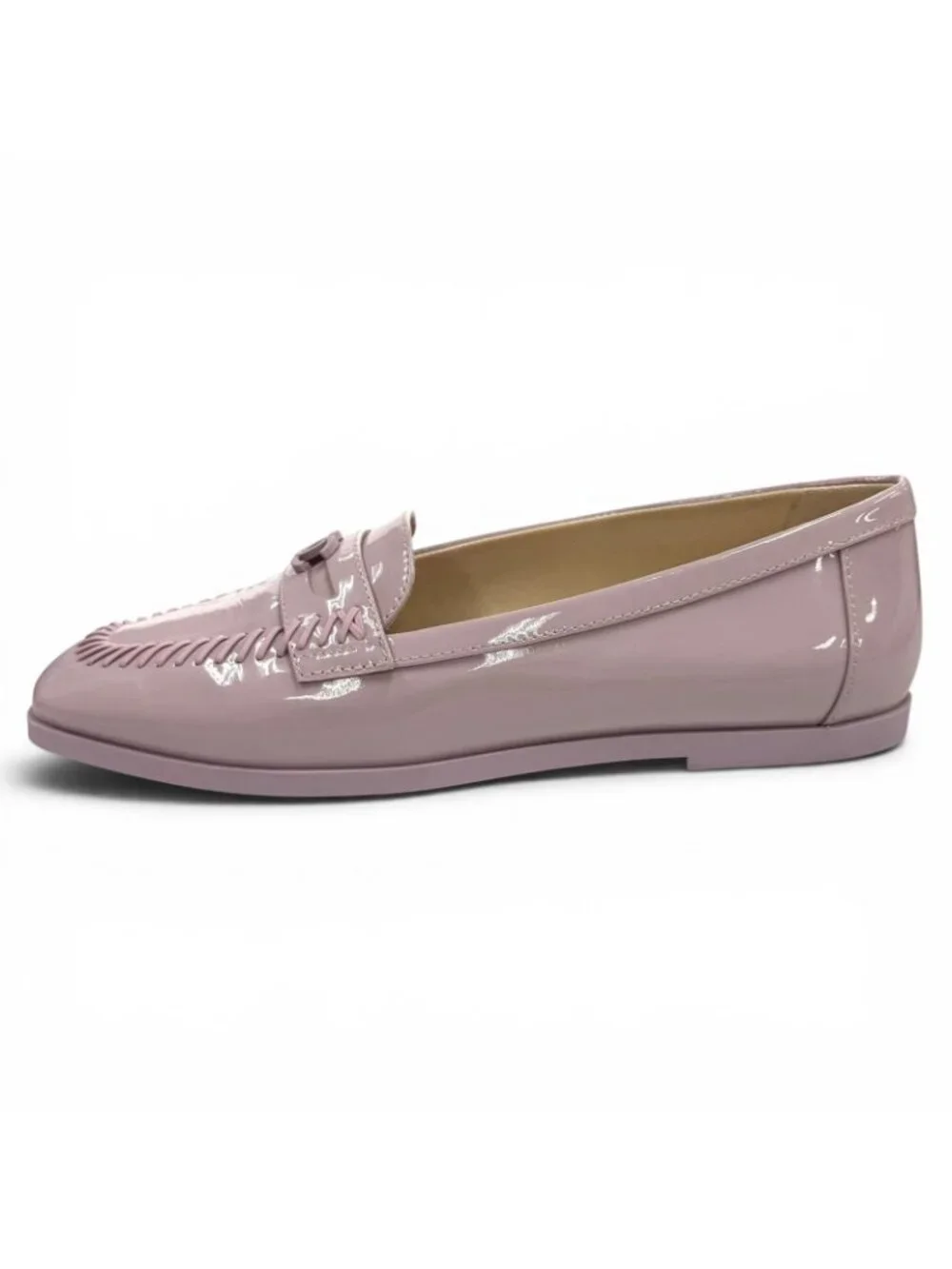 Chanel CC Logo Square Toe Patent Leather Loafers Purple